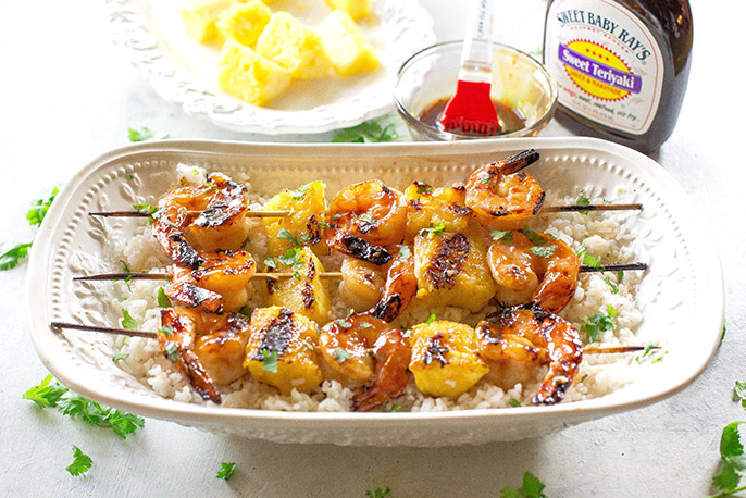 Grilled Shrimp and Pineapple Skewers over Coconut Rice | Sweet Baby Ray’s
