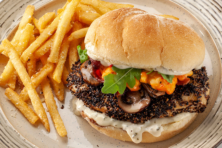 Cracked Peppercorn Crusted Chicken Sandwich with Dill Pickle Aioli