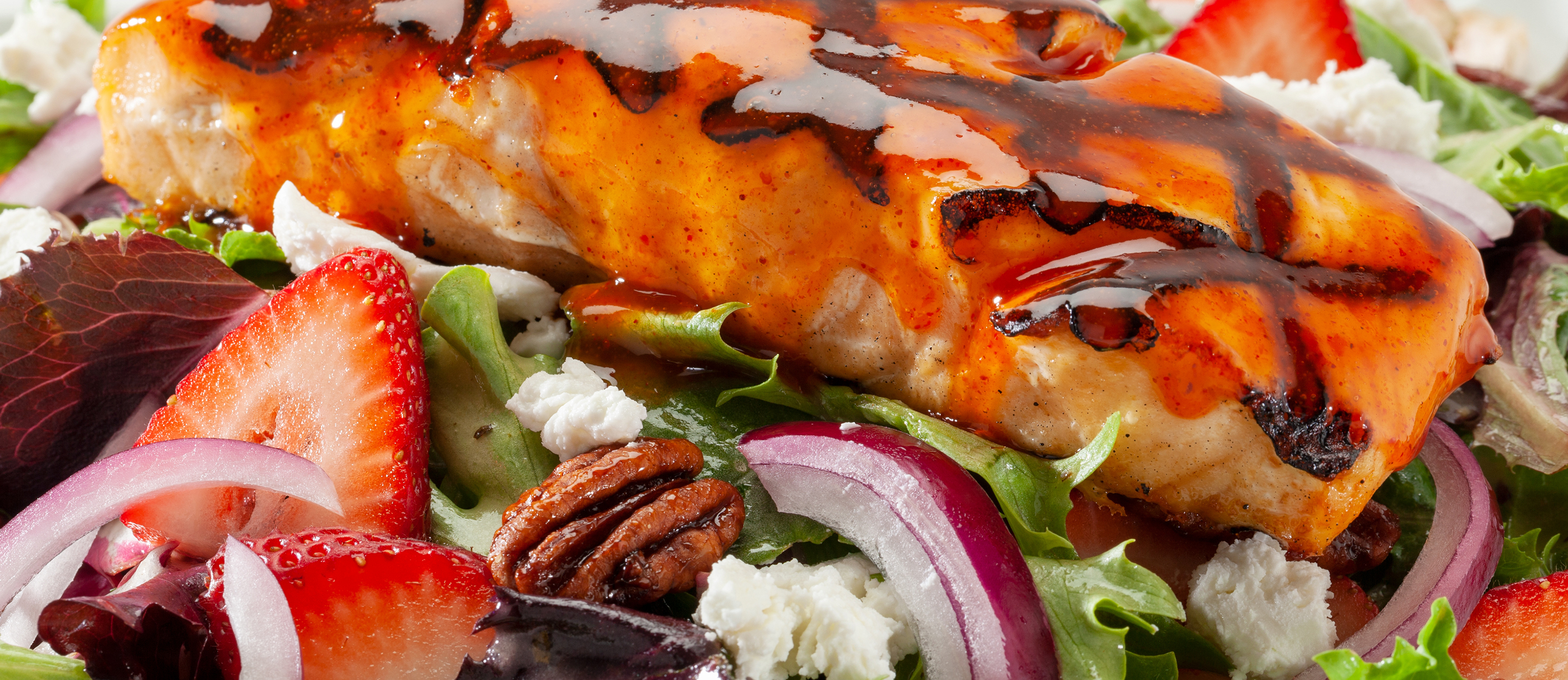 Strawberry And Goat Cheese Salad with Spicy Peach Glazed Salmon Recipe | Sweet Baby Ray's
